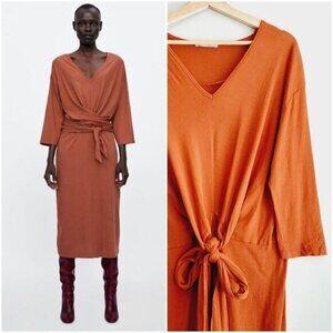 ZARA | 100% Cotton Minimalist Modern V-Neck Midi Dress Orange Sz S